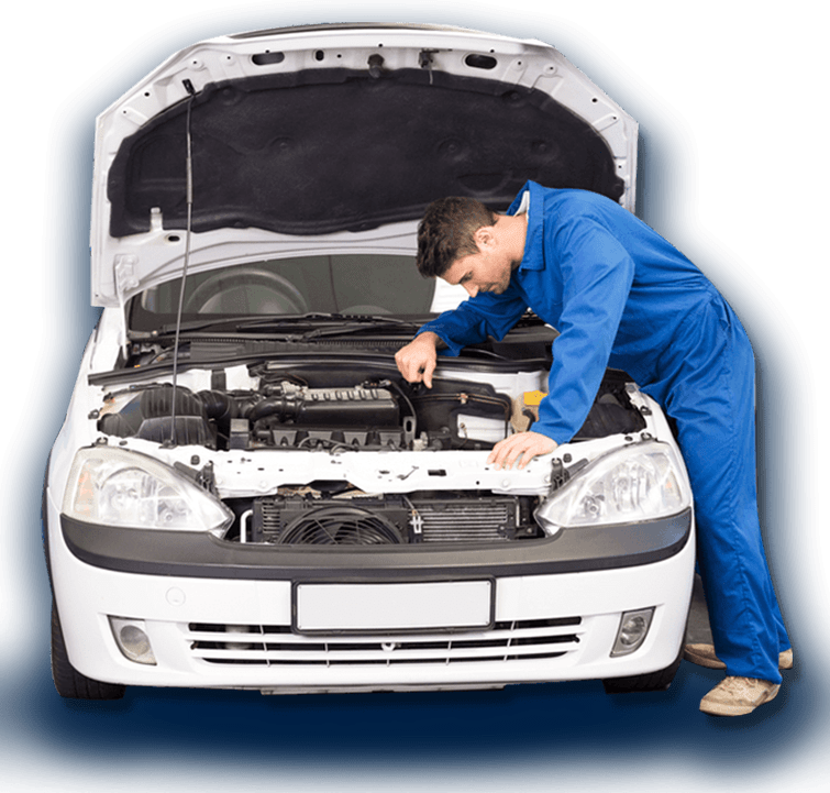 mechanic in blue uniform inspecting white vehicle's engine